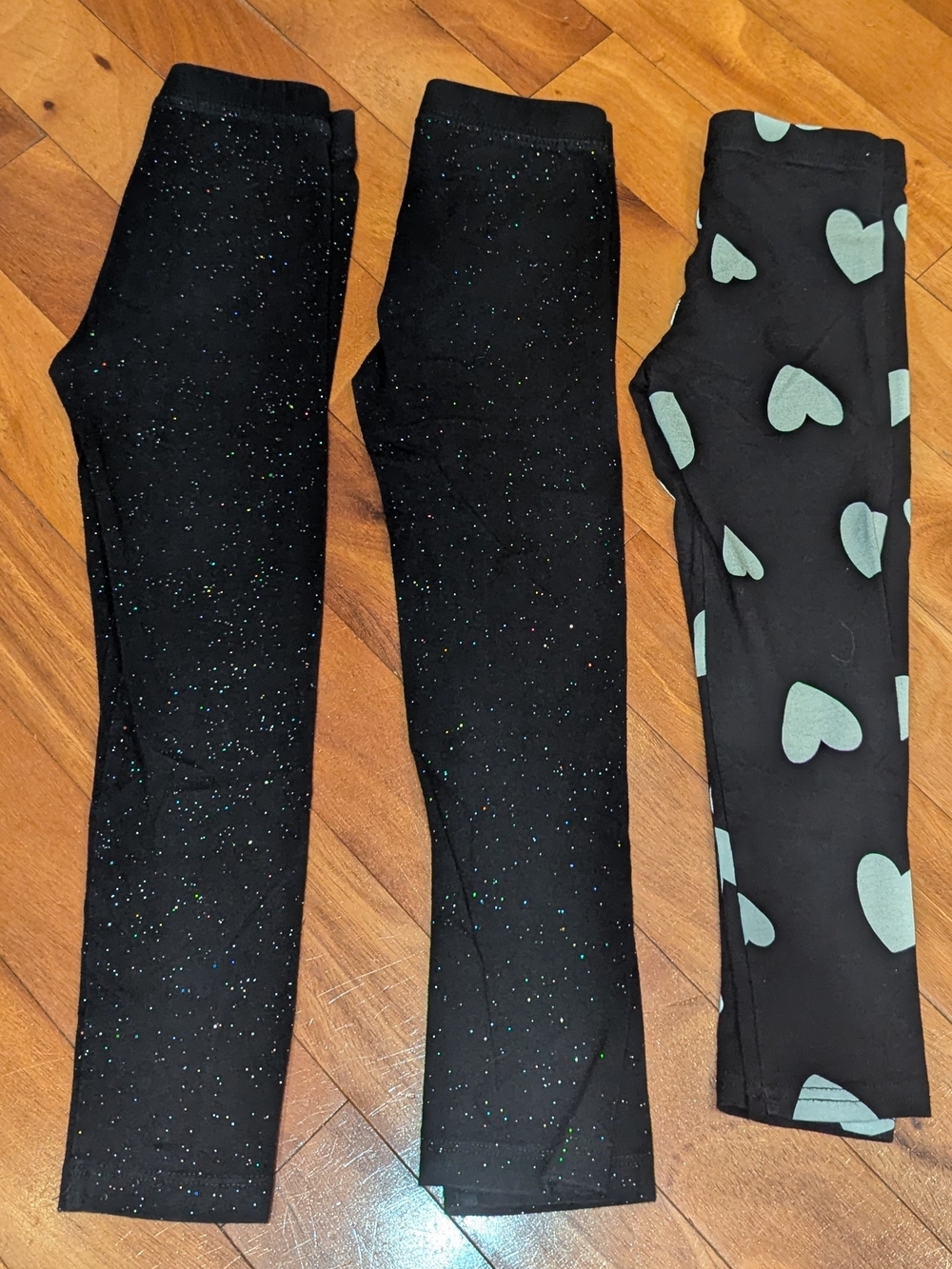 Girls' Black Sparkle & Heart Print Leggings, 3 Pairs, XS